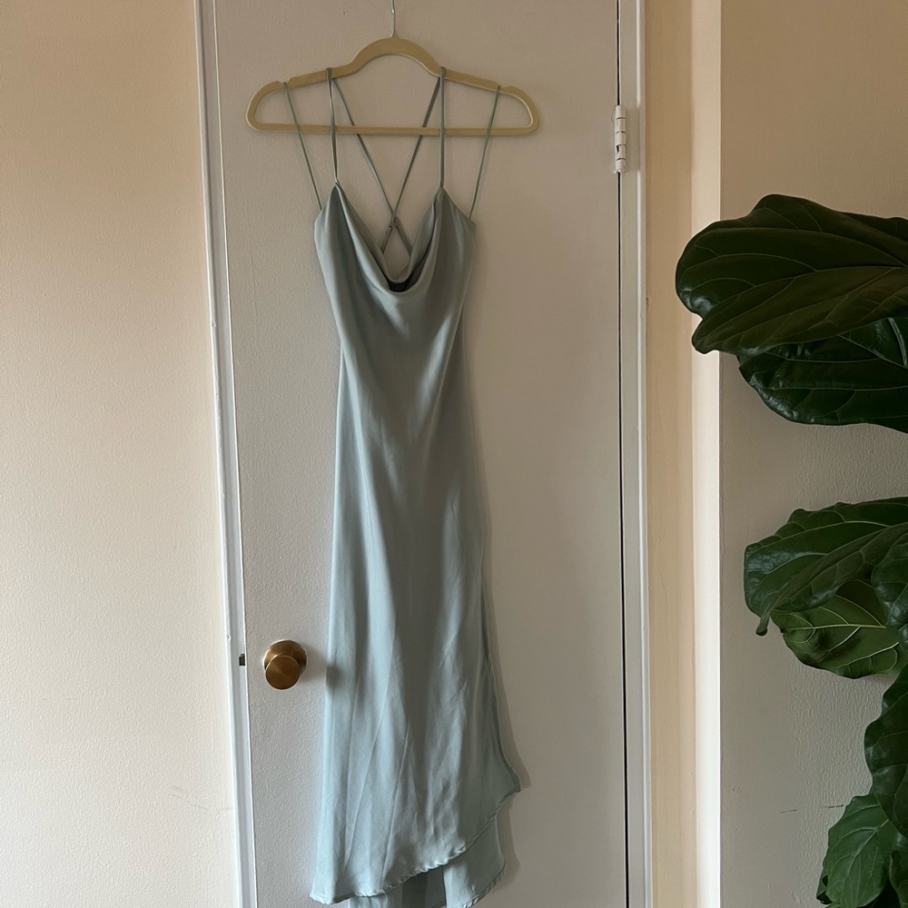 Astr Satin Slip Dress in Sage Green with Crisscross Straps